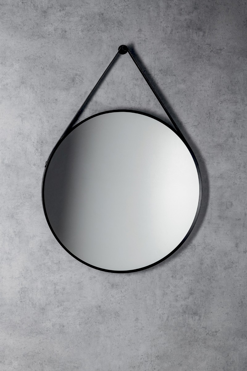 STAGO kulaté zrcadlo ø 60cm, kožený pásek, černá mat SG065