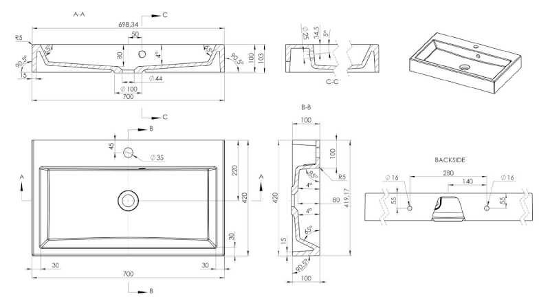 ORINOKO umyvadlo, litý mramor, 70x42cm, bílá OR070