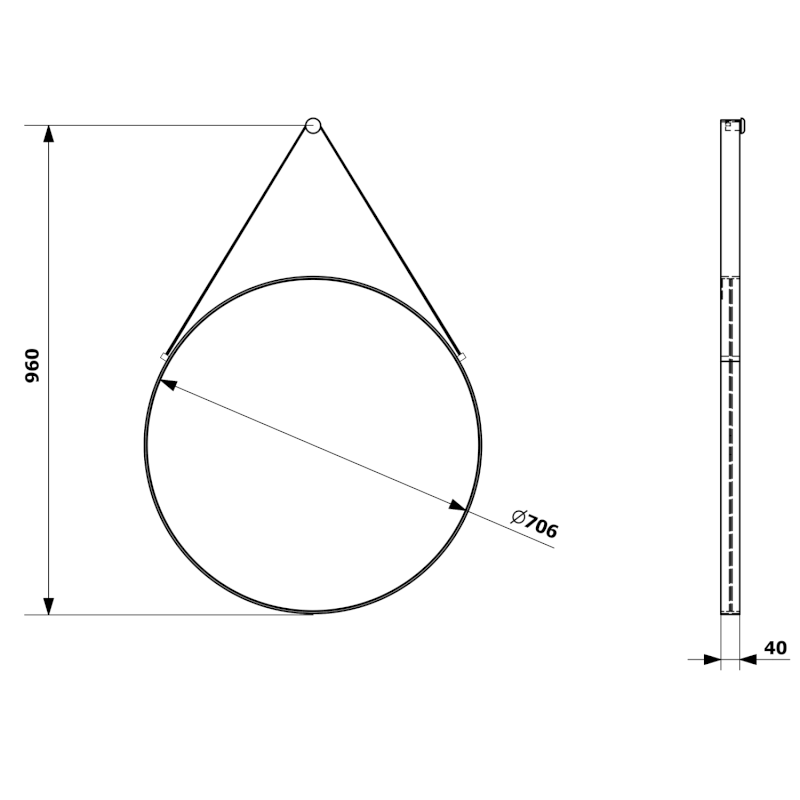 ORBITER kulaté zrcadlo s koženým páskem ø 70cm, černá mat ORT070