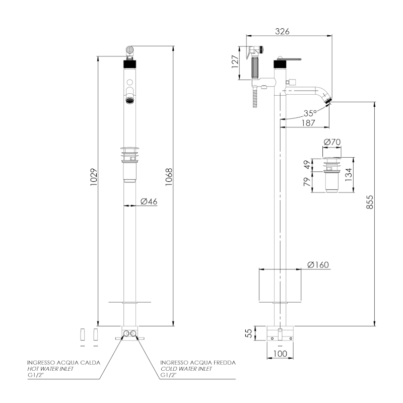 BEBÉ vanová baterie s připojením do podlahy, zlato BB021/17