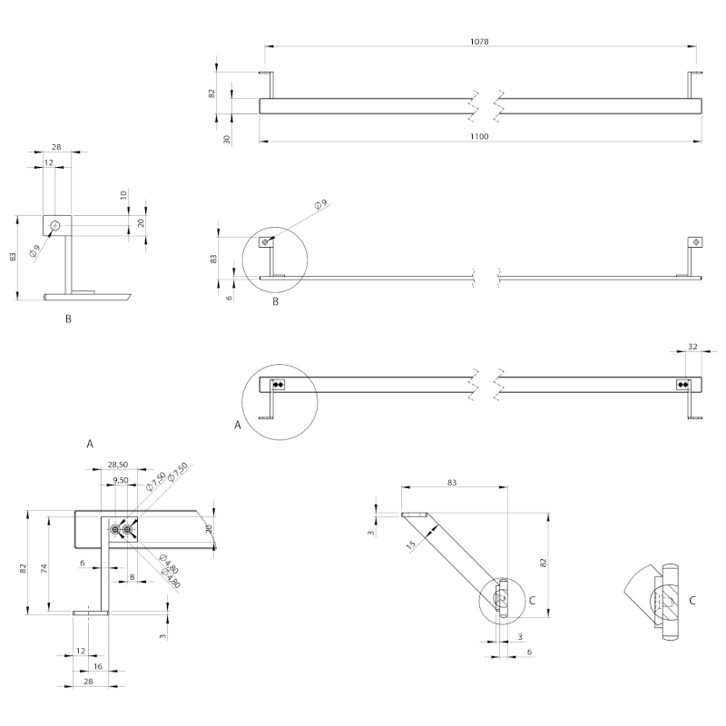 PURA čelní držák ručníků 120cm, chrom PAPRDB120