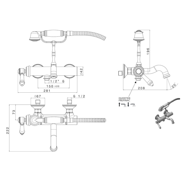 VIENNA nástěnná vanová baterie kompletní, chrom VO010