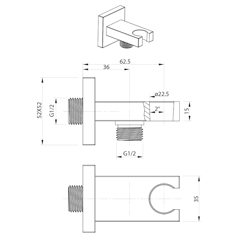 Držák sprchy hranatý, pevný, s vyústěním, černá mat AQ591B