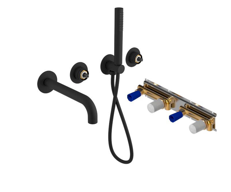 ULTRAMIX tělo podomítkové vanové baterie s hubicí a ruční sprchou, 2 výstupy, černá mat UT093B-1