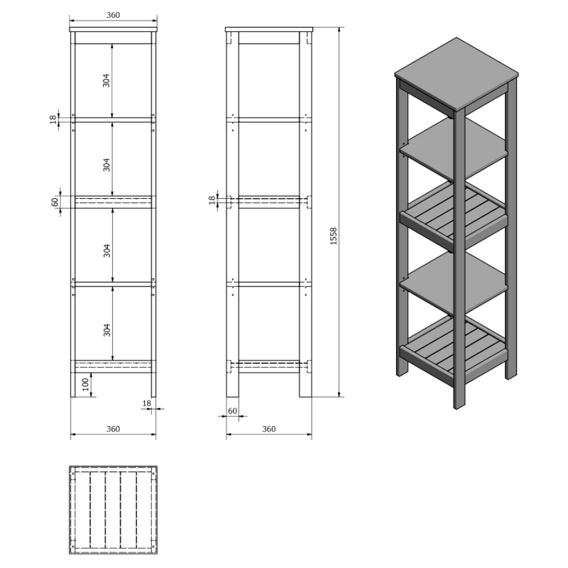 ETIDE policový regál vysoký 36x152x36 cm, bílá mat ET156