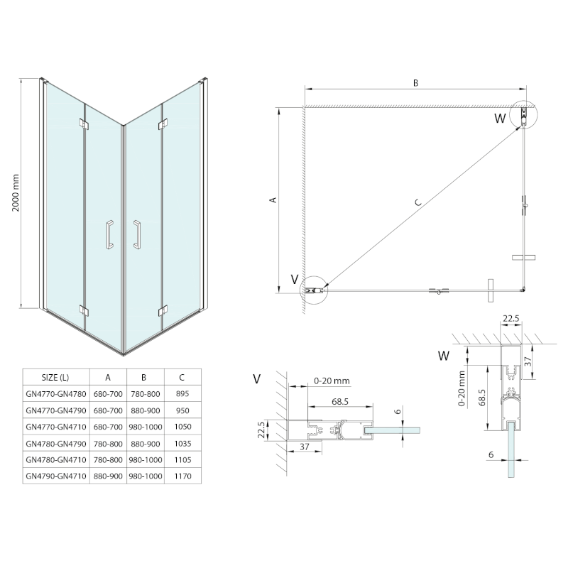LORO sprchové dveře skládací pro rohový vstup 800mm, čiré sklo GN4780