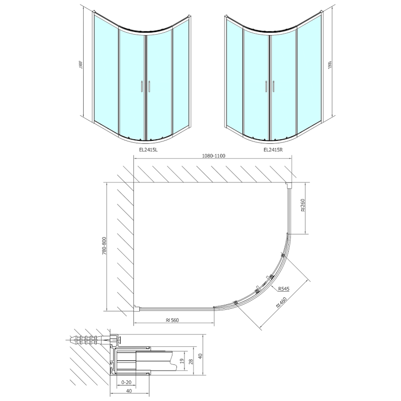 EASY čtvrtkruhová sprchová zástěna 1100x800mm, L/R, čiré sklo EL2415
