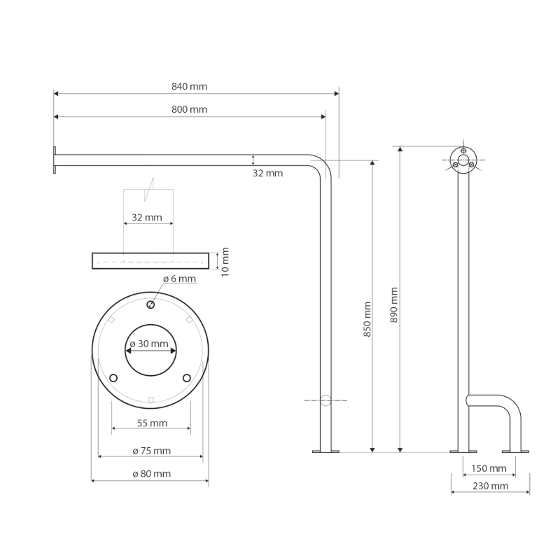 HANDICAP opěrné madlo LEVÉ 800x850mm, nerez lesk XH526