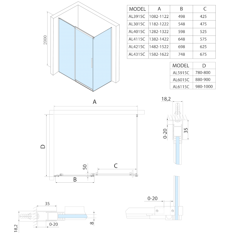 ALTIS posuvné dveře 1070-1110mm, výška 2000mm, čiré sklo AL3915C