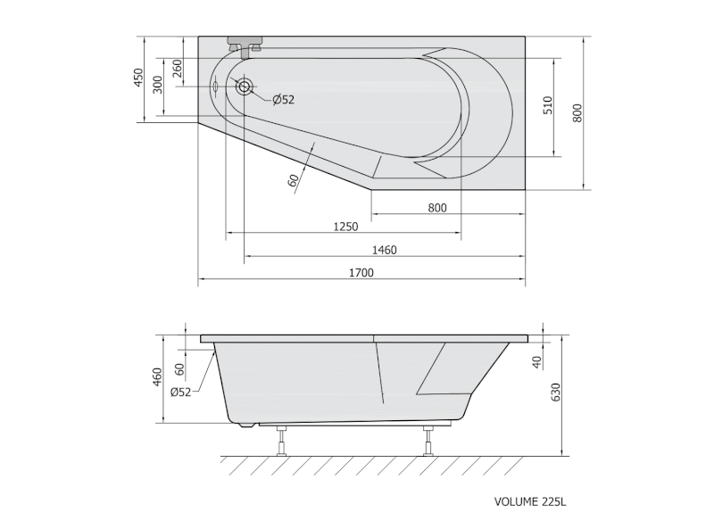 TIGRA R asymetrická vana 170x80x46cm, bílá mat 90611.11