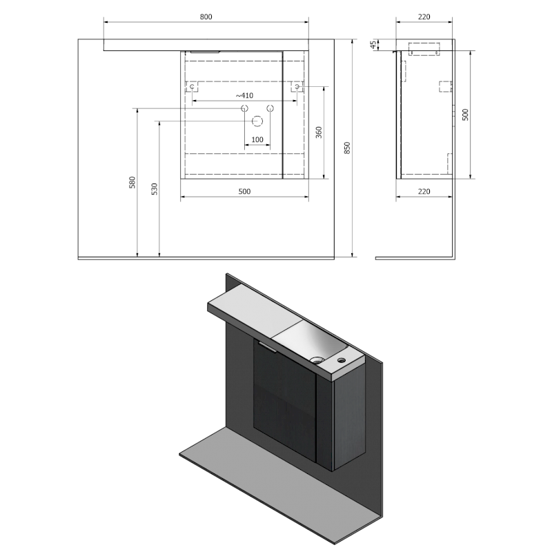 LATUS VI umyvadlová skříňka 50x50x22cm, pravá, dub alabama LT610-2222