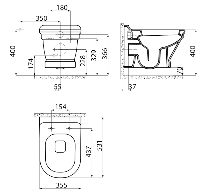 ANTIK závěsná WC mísa, 36x53cm, bílá AN320