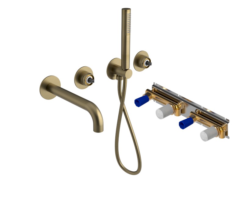 ULTRAMIX tělo podomítkové vanové baterie s hubicí a ruční sprchou, 2 výstupy, zlato mat UT093G-1