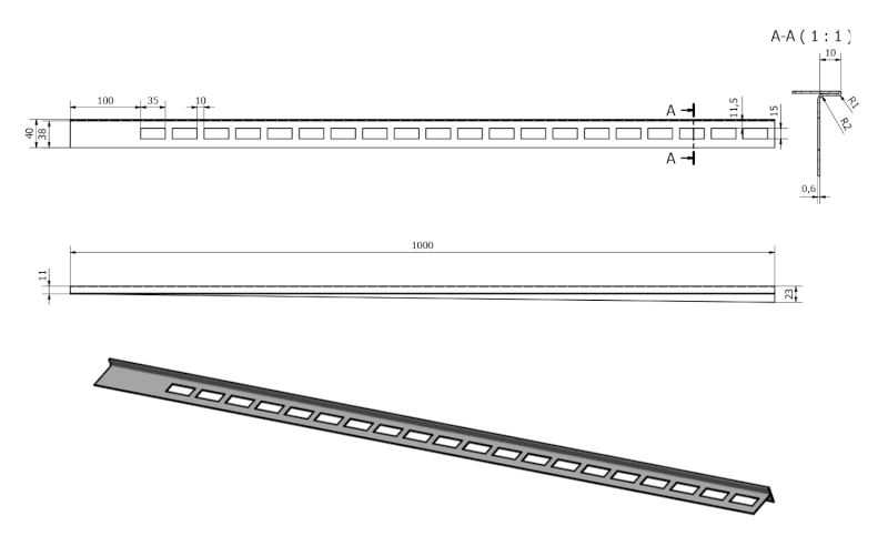 Spádová lišta, pravá, výška 10mm, délka 1000mm, černá mat SPD10B-P