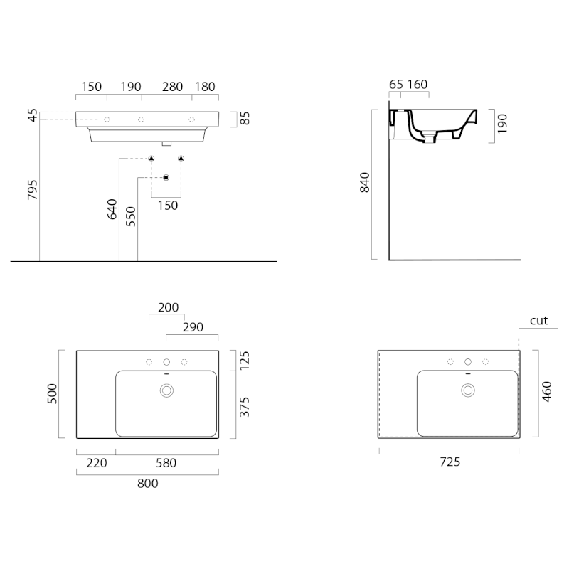NUBES keramické umyvadlo 80x50cm, s odkládací plochou vlevo, černá mat 9630126