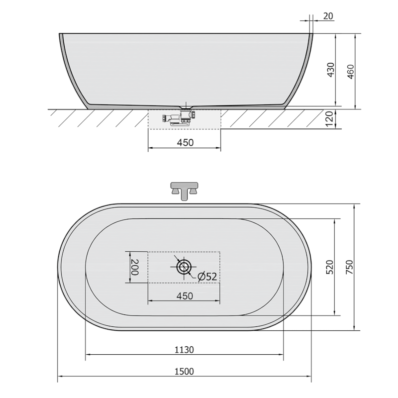REDUTA volně stojící vana litý mramor 150x75x46cm, bílá 72843