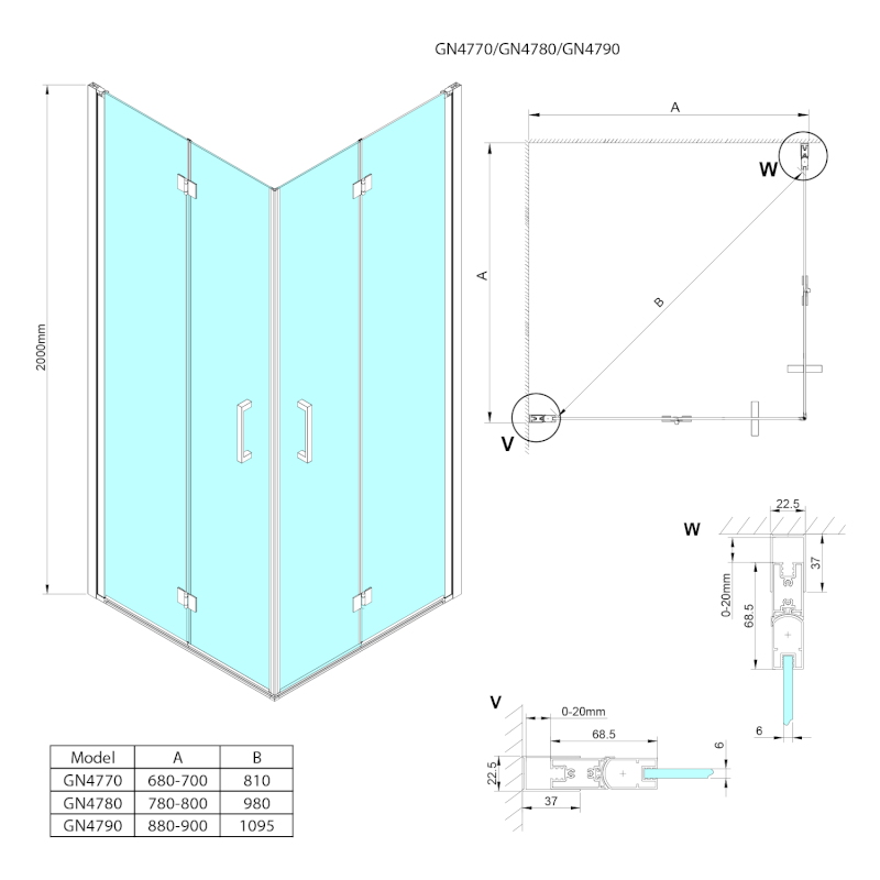 LORO sprchové dveře skládací pro rohový vstup 800mm, čiré sklo GN4780