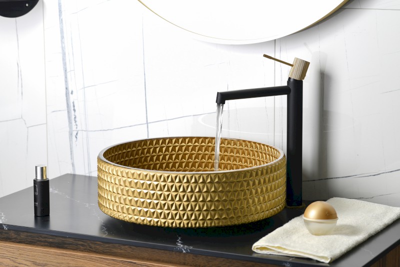 MARAGUA skleněné gravírované umyvadlo na desku Ø 39,5cm, zlatá TY214Z