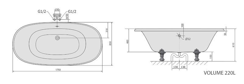 REGATA volně stojící vana 175x85x61cm, nohy bronz, bílá 10121