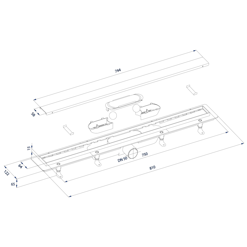 FLISE podlahový žlab s nerezovým roštem i pro dlažbu, L-810, DN50 73681