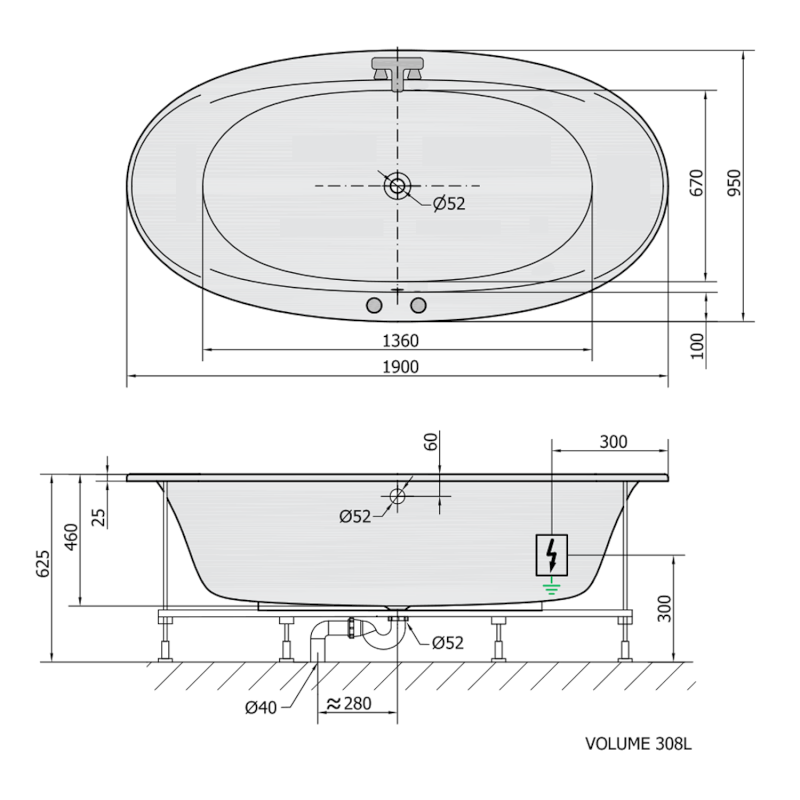 STADIUM hydromasážní vana, 190x95x46cm, Active Hydro, chrom 82111.1010