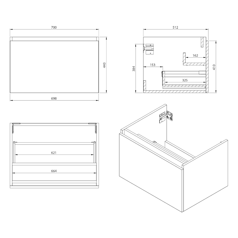 LOREA umyvadlová skříňka 70x44x51,2cm, 1x zásuvka, dub collingwood/černá mat LE070-1935