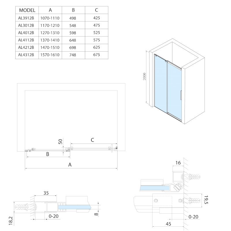 ALTIS BLACK posuvné dveře 1370-1410mm, výška 2000mm, čiré sklo AL4112B
