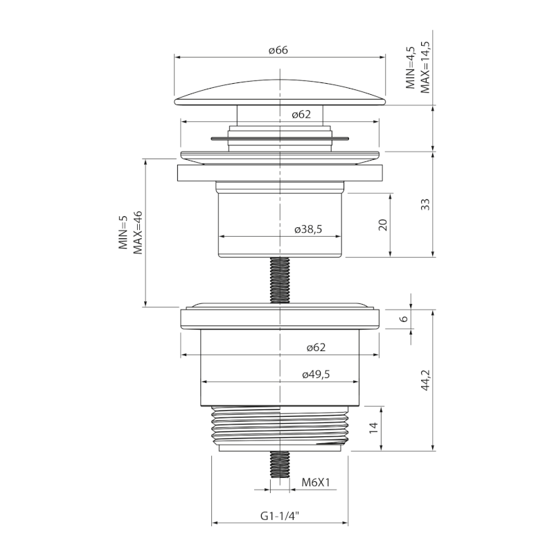 Umyvadlová výpust 5/4“, click-clack, velká zátka, 5-46mm, ABS/chrom TF5001