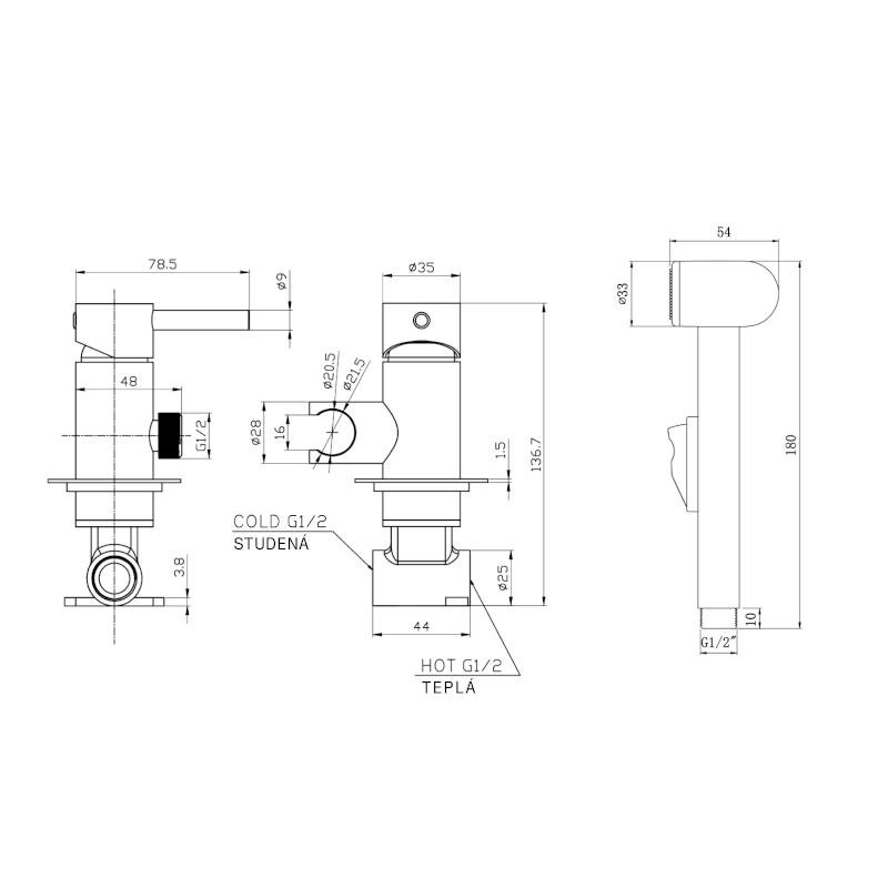 Podomítková bidetová baterie se Stop sprškou, hadice 1,2m, kulatá, černá mat SK302B