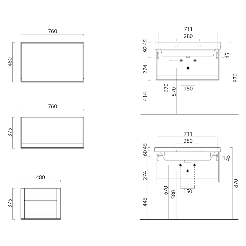 NUBES/NORM konstrukce pod umyvadlo 80x50cm, černá mat MSN8028