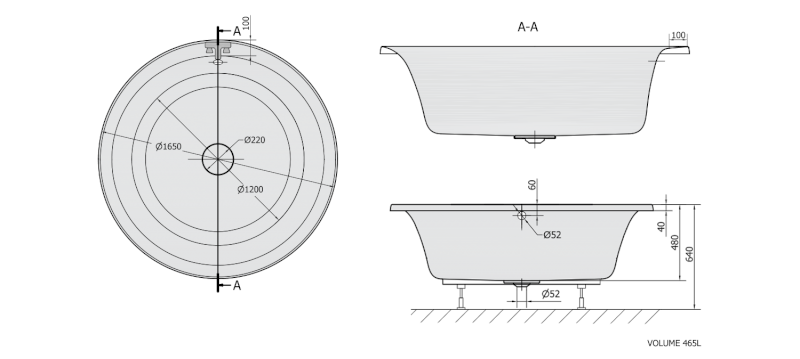 OBLO kulatá vana s konstrukcí 165x48cm, bílá 72840