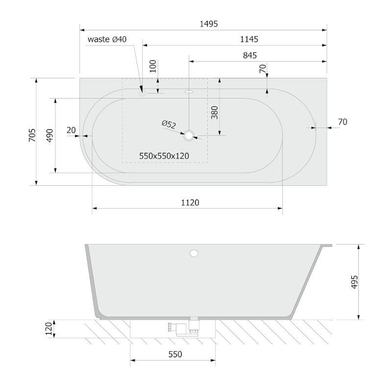 SUSSI R rohová stojící vana, litý mramor 150x70x49,5cm, bílá 93231R