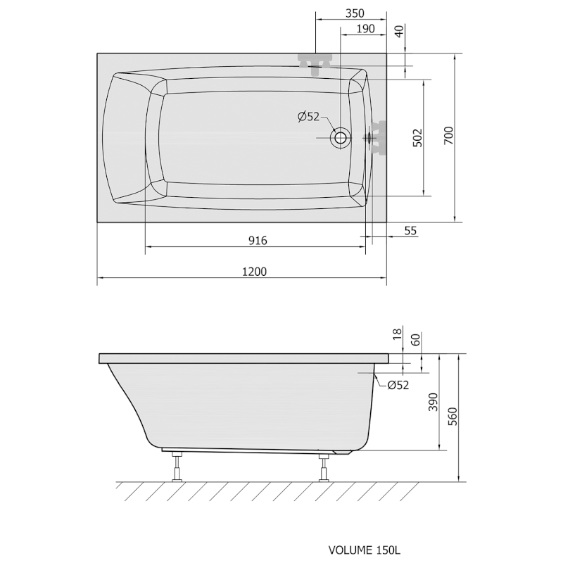 LILY SLIM obdélníková vana 120x70x39cm, bílá 25111S