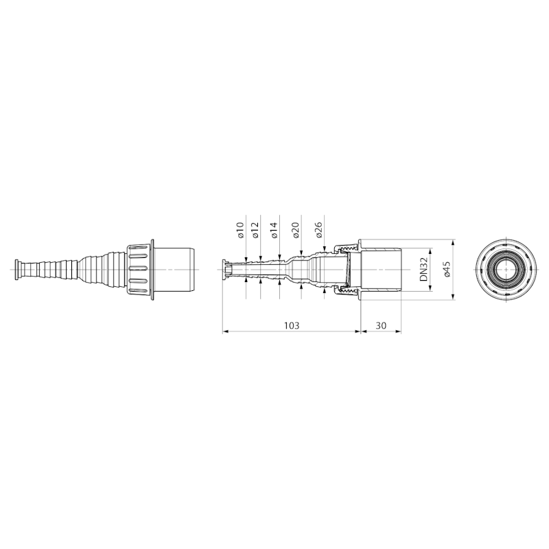 HT koncovka se zpětnou klapkou pro připojení hadice 10-26mm, DN32 168.440.0