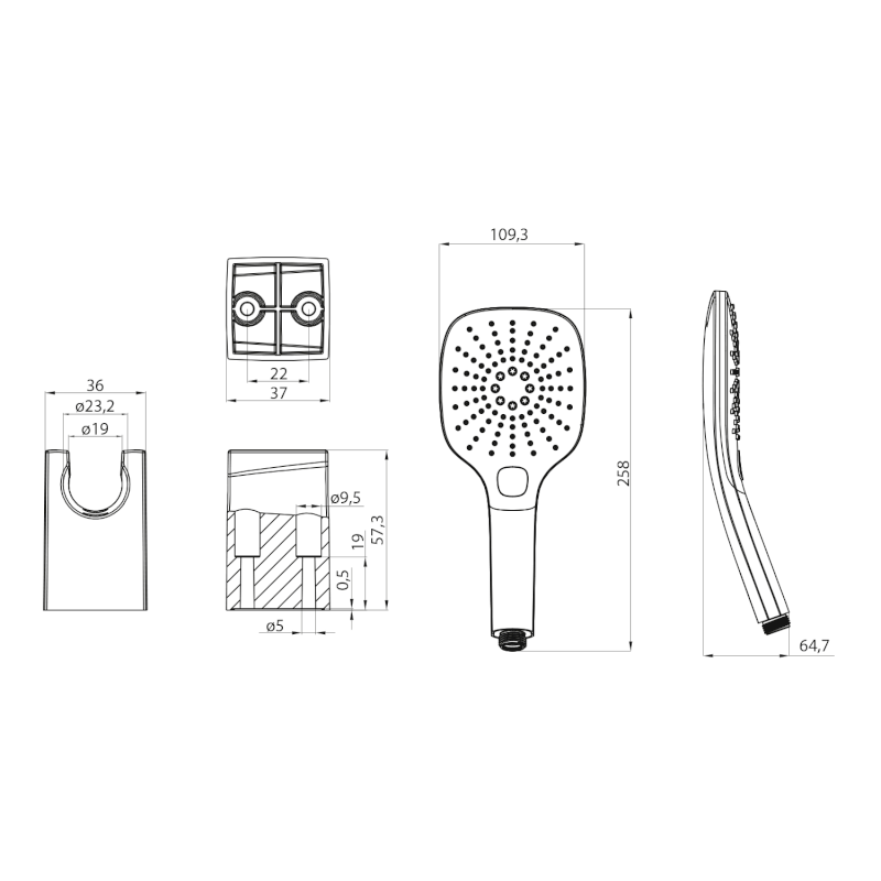 Sprchová souprava, 3 režimy sprchování, silikon trysky, pevný držák, hadice 1500mm, černá mat 1204-62B