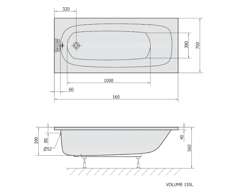 LAURA obdélníková vana 160x70x39cm, bílá 24611
