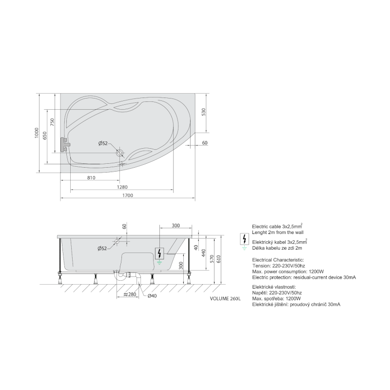MAMBA L hydromasážní vana, 170x100x44cm, Active Hydro, chrom 76111.1010