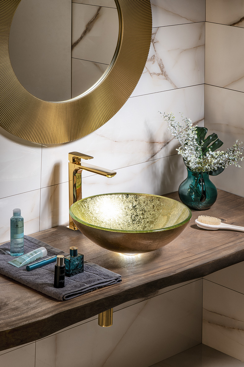 SHAY skleněné umyvadlo na desku Ø 42cm, zlatá 2501-22