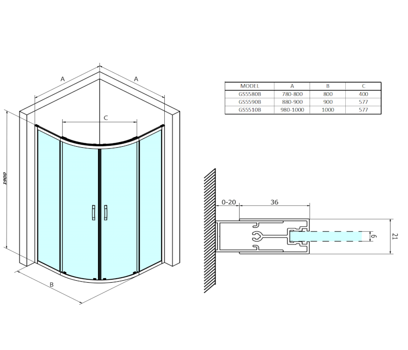 SIGMA SIMPLY BLACK čtvrtkruhová sprchová zástěna 900x900 mm, R550, čiré sklo GS5590B