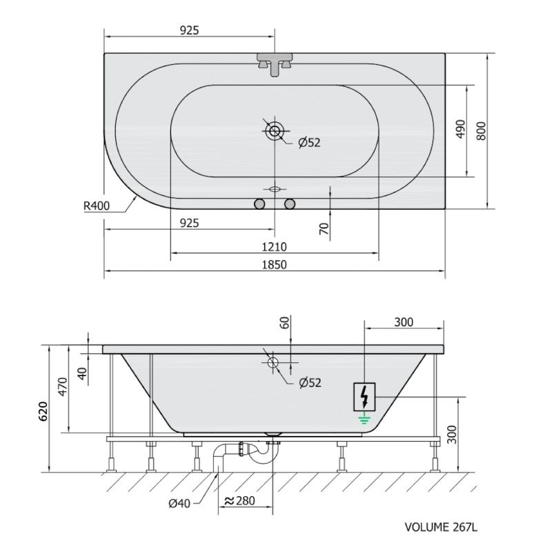 VIVA R hydromasážní vana, 185x80x47cm, Active Hydro, chrom 72129.1010
