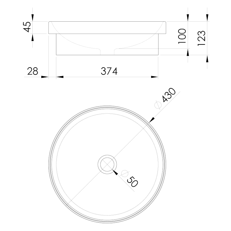 Keramické umyvadlo zápustné, průměr 43cm, bílá 3041