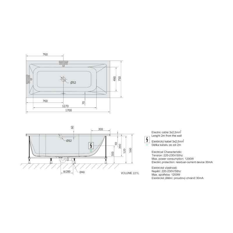 MIMOA hydromasážní vana, 170x75x39cm, Attraction Hydro-Air, chrom 71709.4010