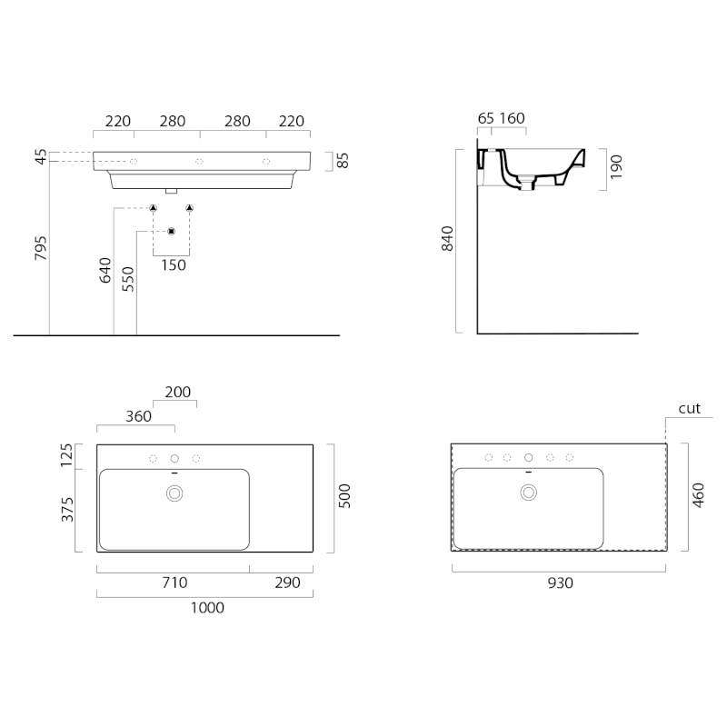 NUBES keramické umyvadlo 100x50cm, s odkládací plochou vpravo, černá mat 9627126