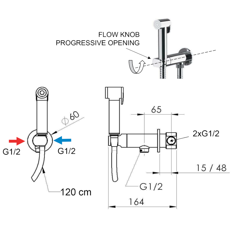 Podomítková bidetová baterie se Stop sprškou, kulatá, progresivní kartuše, chrom DB700