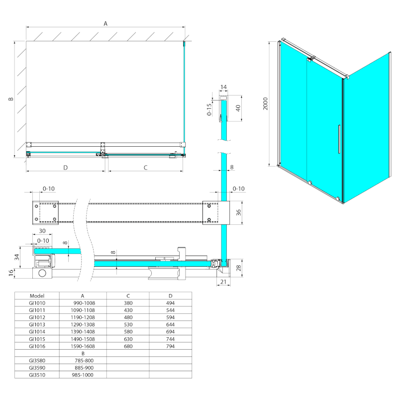 SPIRIT BLACK boční stěna 800mm, čiré sklo GI3580B