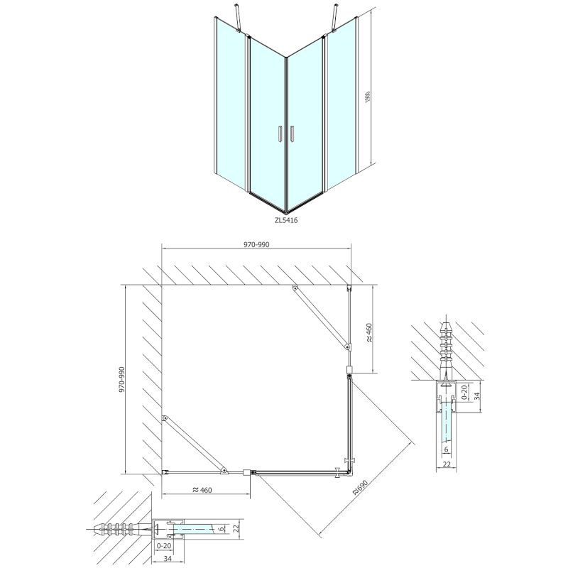 ZOOM čtvercová sprchová zástěna 1000x1000mm, čiré sklo ZL5416