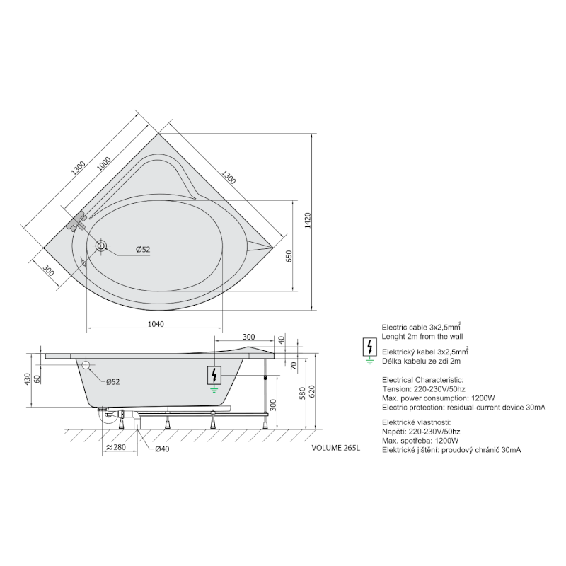 SIRIUS hydromasážní vana, 130x130x43cm, Attraction Hydro, chrom 49111.3010
