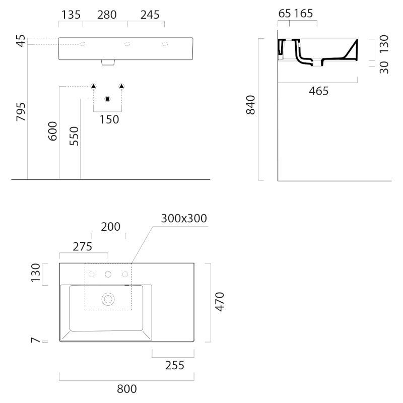 KUBE X keramické umyvadlo 80x47cm, s odkládací plochou vpravo, bez otvoru, bílá ExtraGlaze 9456011
