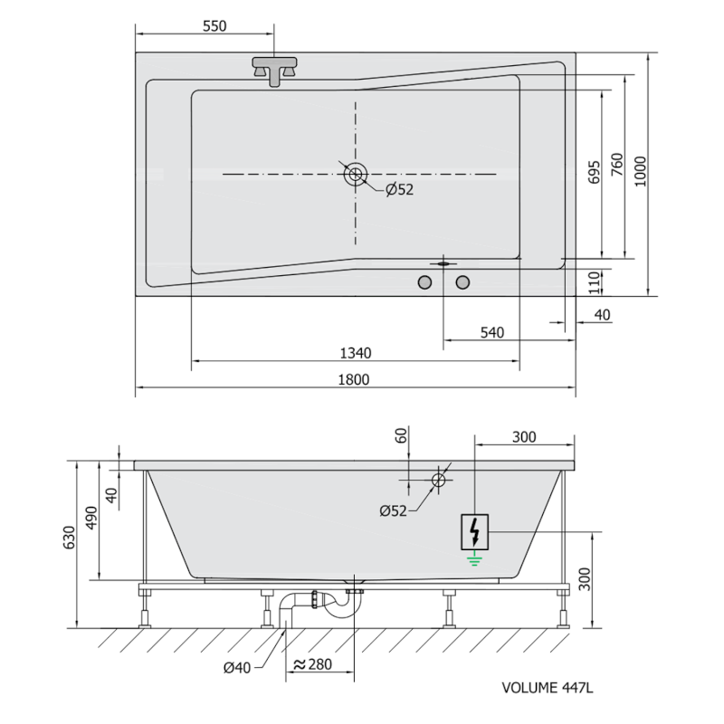 QUEST hydromasážní vana, 180x100x49cm, Highline Hydro-Air, chrom 78511.6010