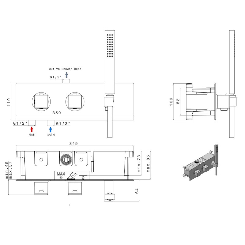 DIMY podomítková sprchová/vanová termostatická baterie s ruční sprchou, 2 výstupy, černá mat DM493BL